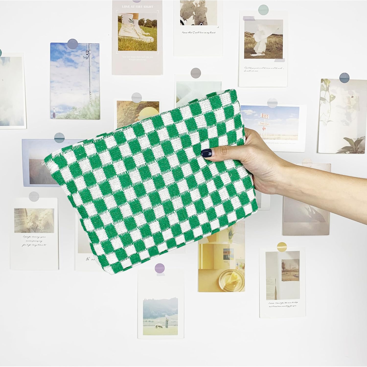 PAZIMIIK Knitted Checkered Makeup Bag Large Zipper Make Up Accessory Pouch for Purse Cosmetic Brush Bag for Travel Essential,Green