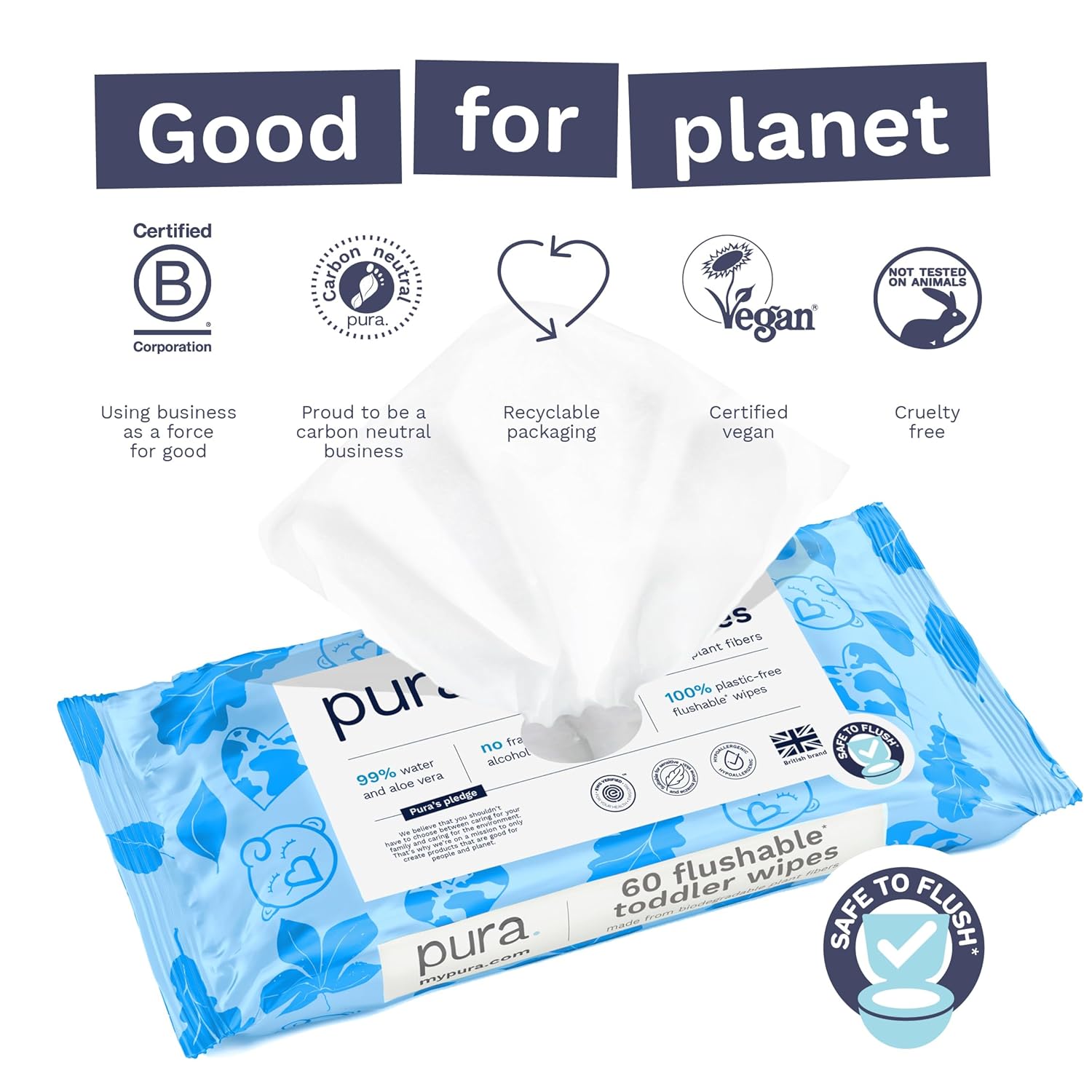 Pura Flushable Toddler Wipes 3 x 60 Wipes (180 Wipes), 100% Plastic Free, 99% Water, Hypoallergenic & Fragrance Free, Totally Chlorine Free, Kids Toilet Wipes, Potty Training