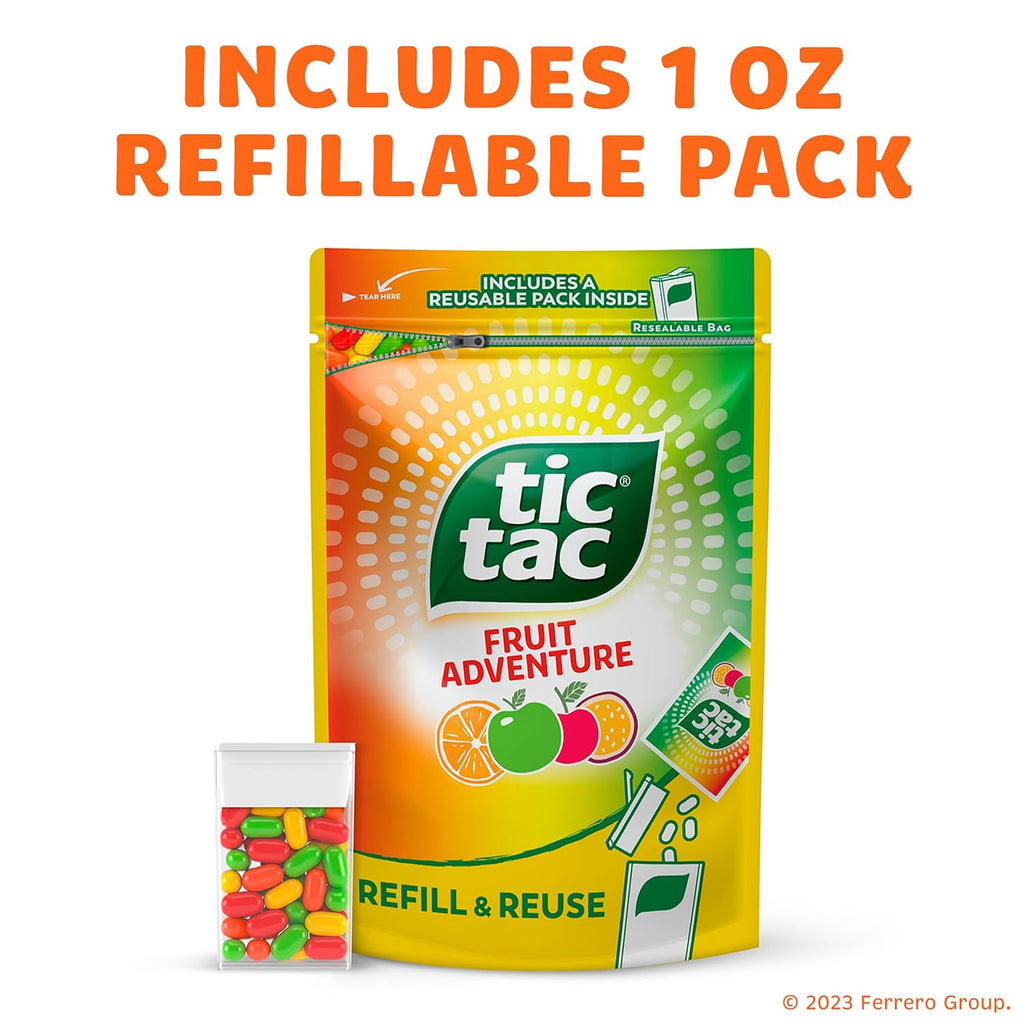 Tic Tac Bulk Resealable Refill Bag, Fruit Adventure Mints, On-The-Go Refreshment, Includes Empty Refillable Pack, 17.2 oz