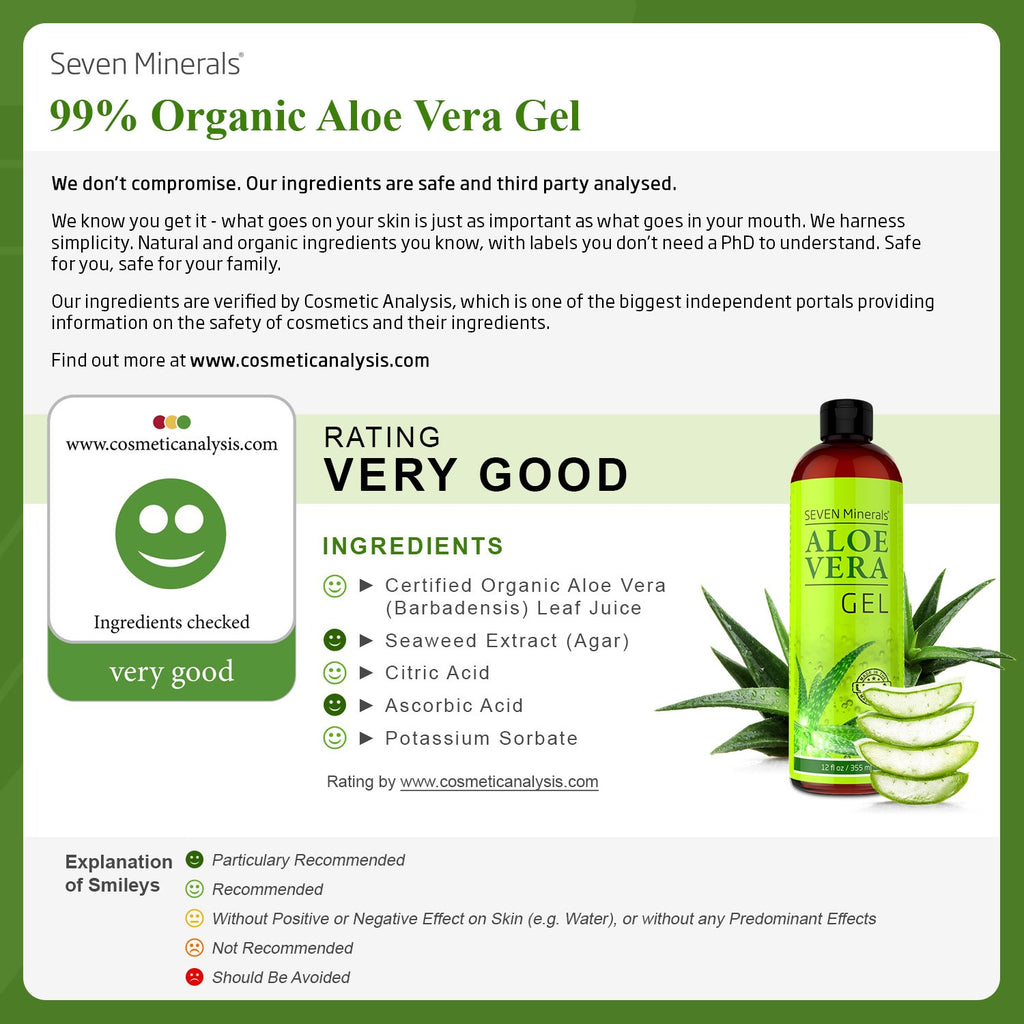 Seven Minerals, Travel Size Organic Aloe Vera Gel from freshly cut 100% Pure Aloe - 2 Fl Oz - HighestQuality, Texas grown, Vegan, Unscented - For Face, Skin, Hair, Sunburn relief (2 Fl Oz)