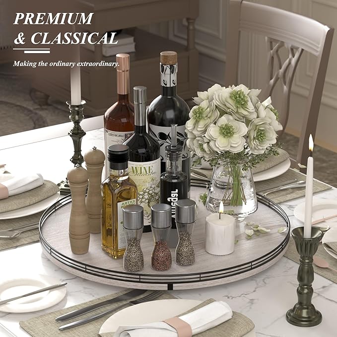 21" Lazy Susan Wood Turntable Organizer for Kitchen Decor, Farmhouse Round Wooden Lazy Susan Organization and Storage for Cabinet, Dining Table, Bathroom, Countertop,Centerpiece, Home Decor Whitewased