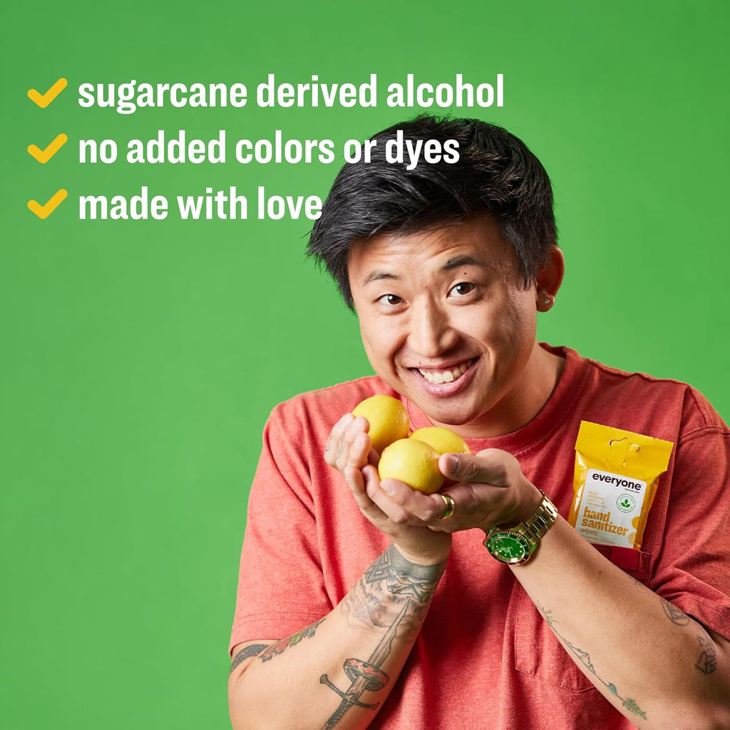 Everyone Hand Sanitizer Wipes, 15 Wipes (Pack of 6), Coconut and Lemon, Made with Sugarcane Derived Alcohol with Essential Oils, TSA friendly