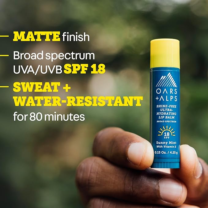 Oars + Alps Lip Suncreen, SPF 18 Lip Balm, Shine Free Sunscreen for Lips, Infused with Vitamin E, Peppermint & Spearmint, Water & Sweat Resistant, Moisturizing, Hydrating, Sunny Mint Scent, 3pk