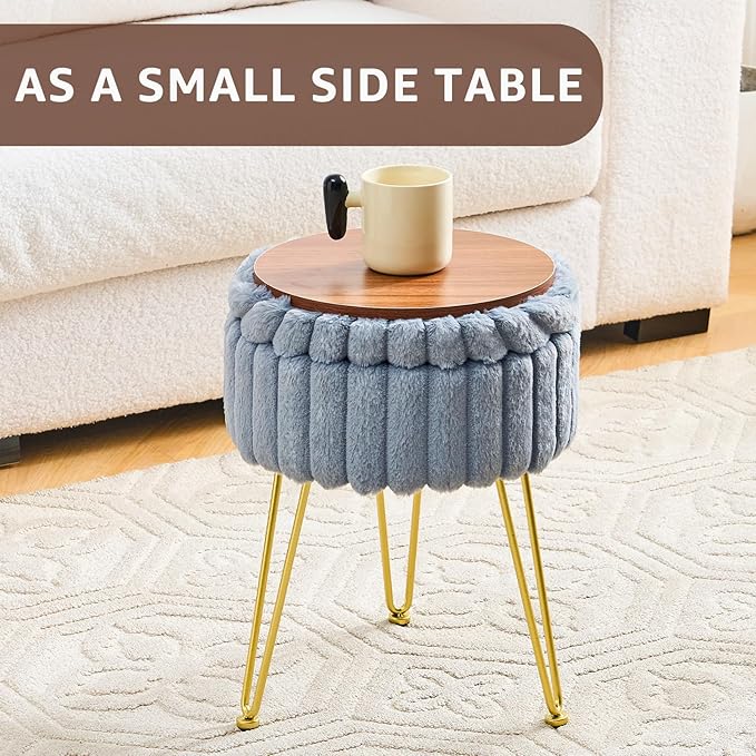 Wimarsbon Vanity Stool with Storage, Faux Fur Ottoman Chair with Metal Legs, Round Makeup Vanity Chair for Bedroom or Dressing Table, Modern Small Ottoman Seat (Grey)