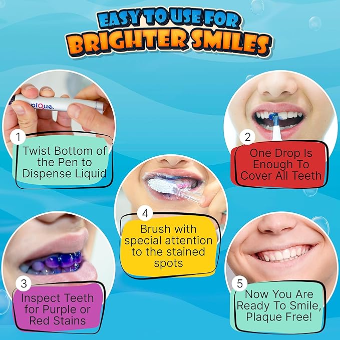 PLQUE Disclosing Gel Pen (90 Uses) - Tooth Plaque Detector for Better Brushing, Purple Stain Formula Reveals Invisible Cavity Causing Plaque, Kids and Adults Oral Care Tool, Pediatric Dentist Design