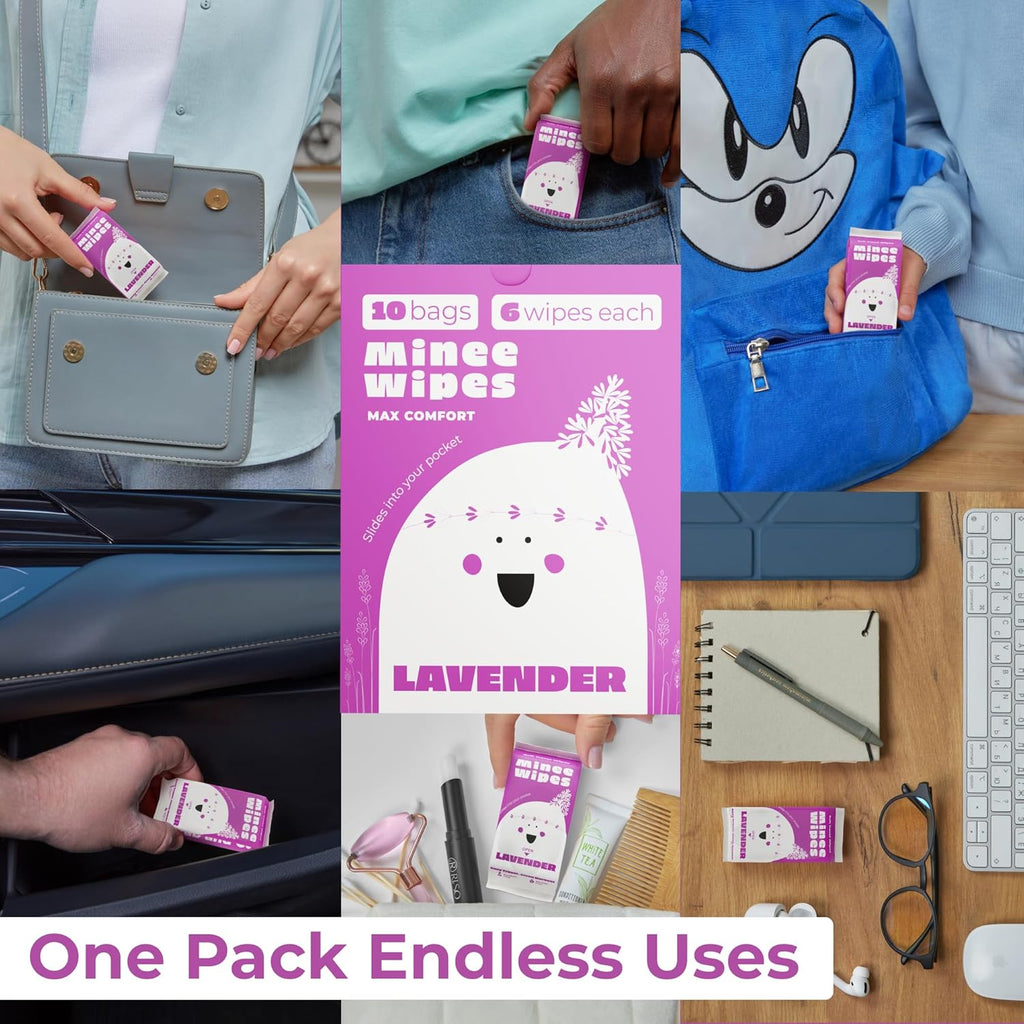 Impossibly Compact Travel Wipes - 99.5% Water - Safe for Sensitive Skin & Hypoallergenic, Resealable, Thick & Durable - For Adults, Kids & Baby Care - Lavander, 10 Pack Total 60 Wipes