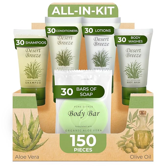 Desert Breeze Hotel Soaps & Toiletries Bulk Set | 1-Shoppe Amenities Kit | 1oz Shampoo & Conditioner, Body Wash, Lotion, Bar Soap | Travel Size | 150 Pieces
