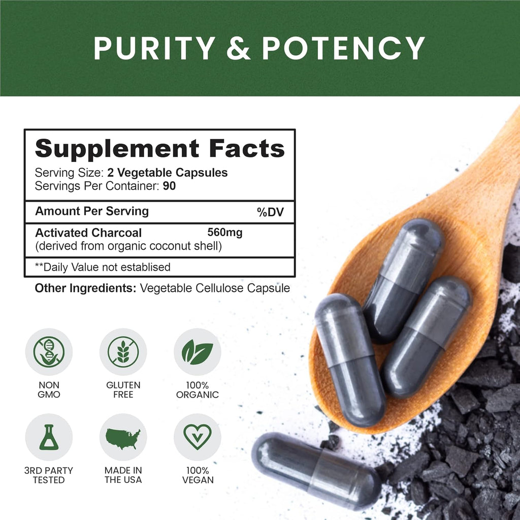 Pure Coconut Activated Charcoal Capsules - 180 Charcoal Pills, Helps with Teeth Whitening, Bloating and Body Cleansing. Non-GMO - Gluten Free, Vegan