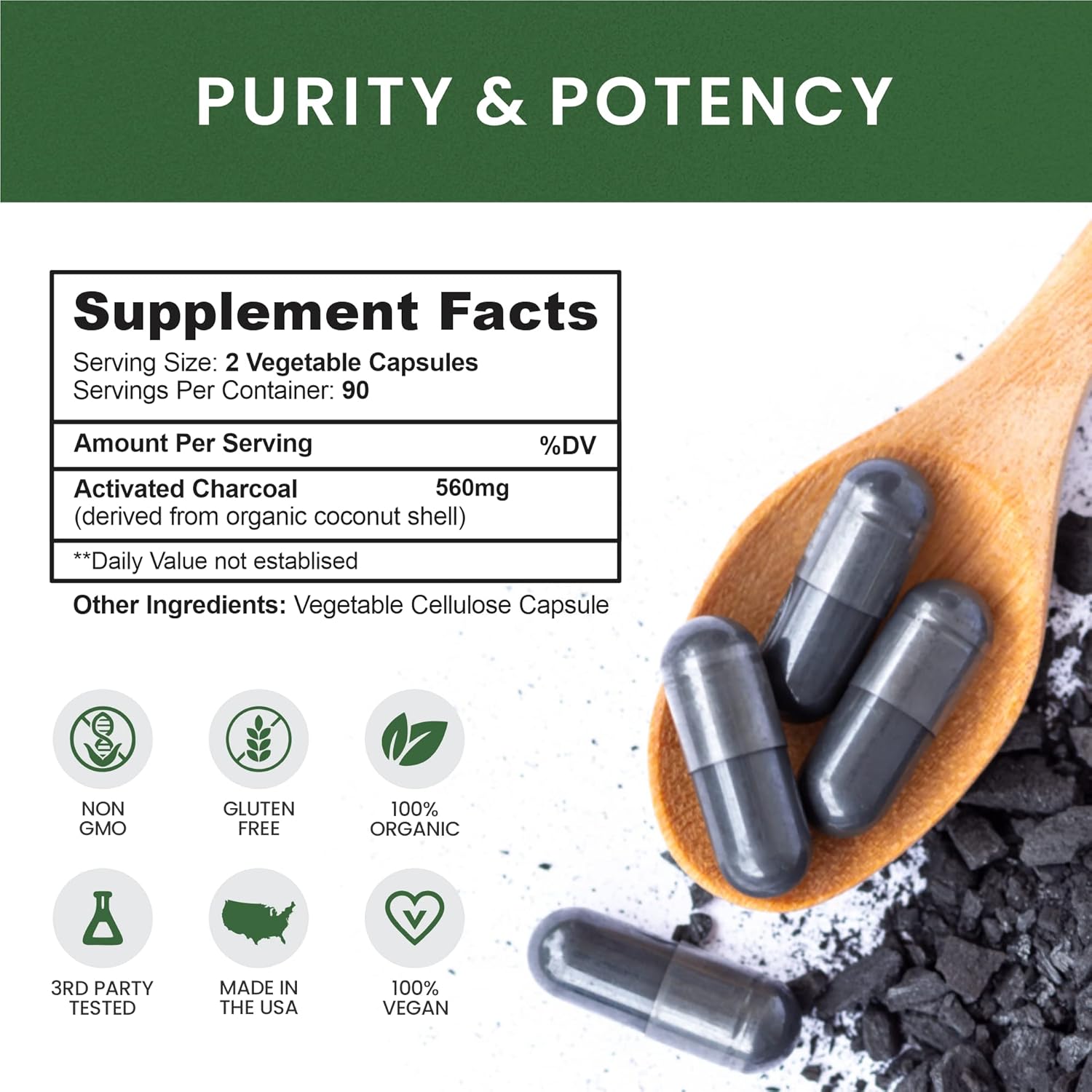 Pure Coconut Activated Charcoal Capsules - 180 Charcoal Pills, Helps with Teeth Whitening, Bloating and Body Cleansing. Non-GMO - Gluten Free, Vegan