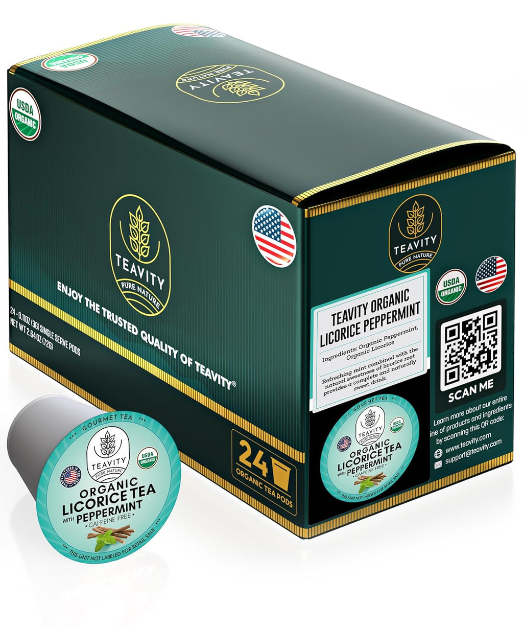 Organic Licorice Mint Tea Pods for Keurig - Natural Decaf Peppermint Tea by Teavity (24 Tea Pods)