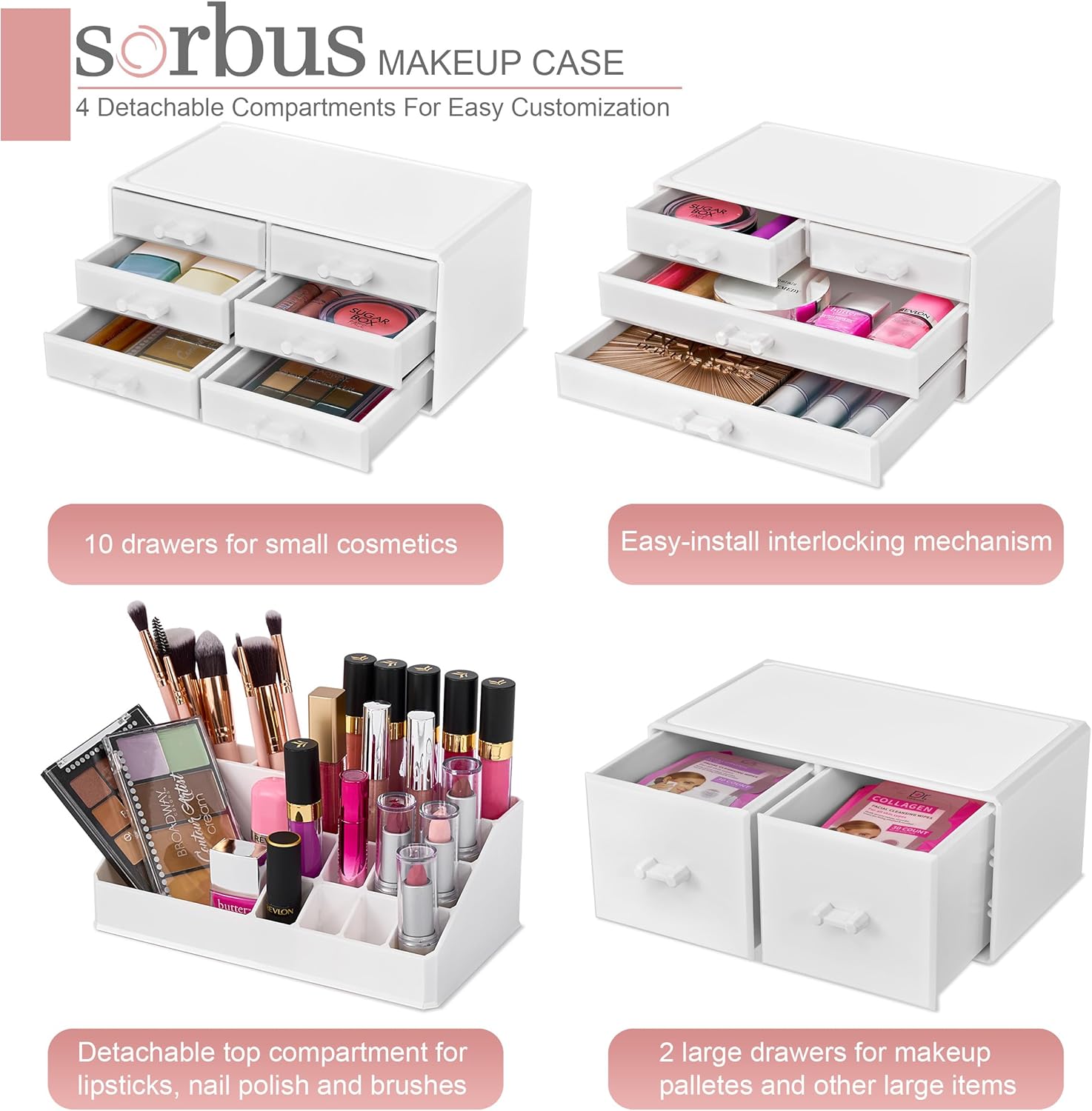 Sorbus Large Makeup Organizer - Stackable Jewelry & Makeup Organizer For Vanity, Bathroom Storage, Dresser - 12 Drawers Cosmetic Beauty Organizers and Storage with Lipstick, Makeup Brush Holder