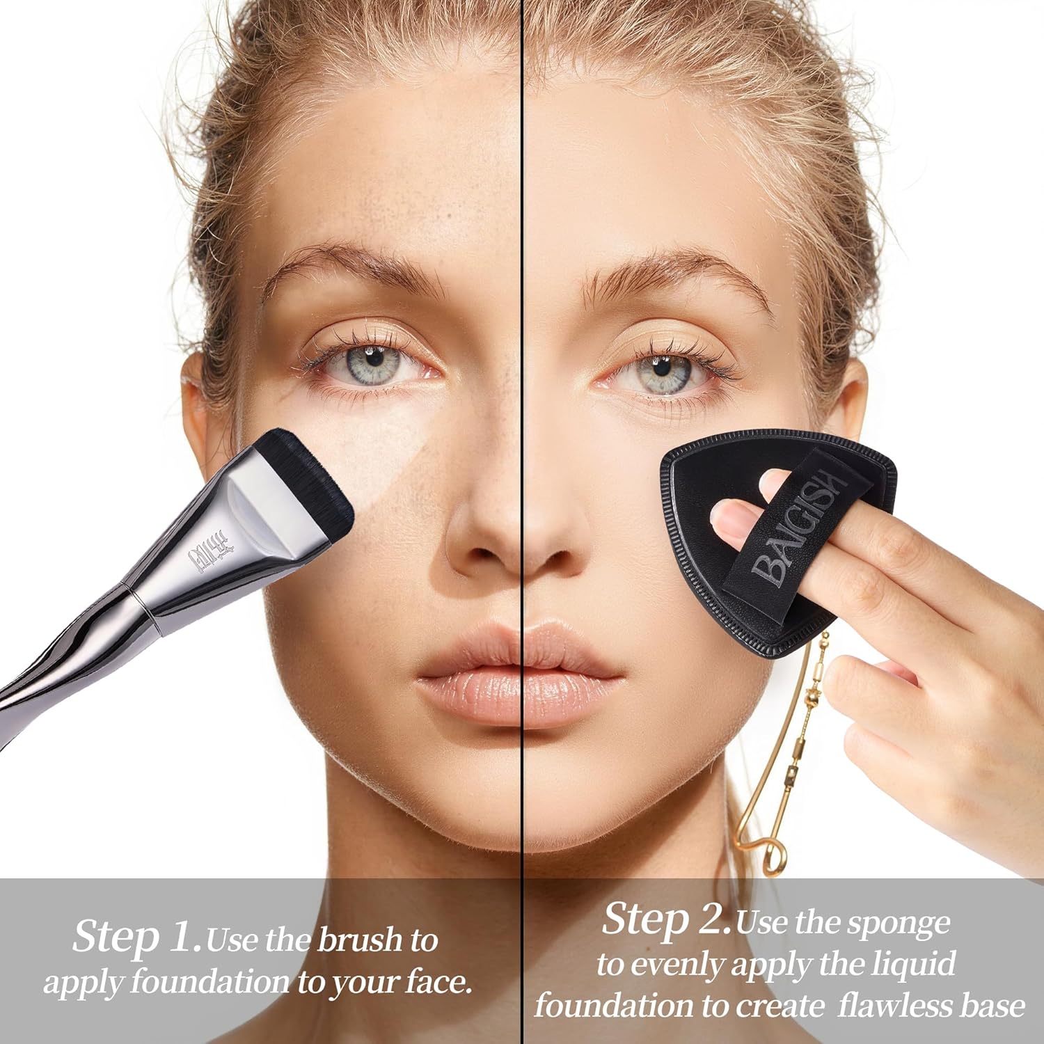 Makeup Sponge 1 Powder Puff +1 Smooth Foundation Brush for Liquid, Cream and Makeup,Super Soft, Makeup Blender, Latex Free Seamless Flawless Soft Setting Couple Set