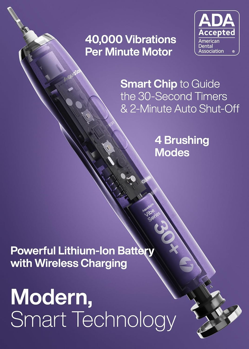 Aquasonic Vibe Series Ultra-Whitening Toothbrush – ADA Accepted Electric Toothbrush - 8 Brush Heads & Travel Case – 40,000 VPM Motor & Wireless Charging - 4 Modes w Smart Timer – Satin Violet