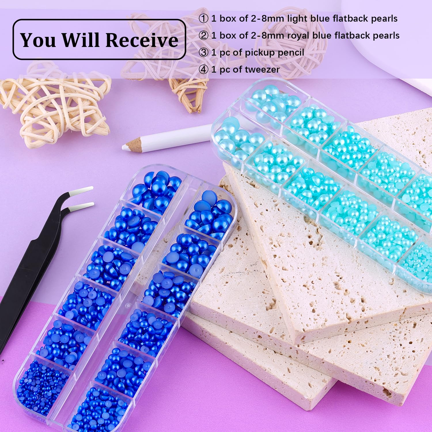 2 Boxes Flat Back Pearls Kit 19 Flatback Blue Series Half Round Pearls 2-8mm with Pickup Pencil and Tweezer for Home DIY and Professional Nail Art, Face Makeup and Craft