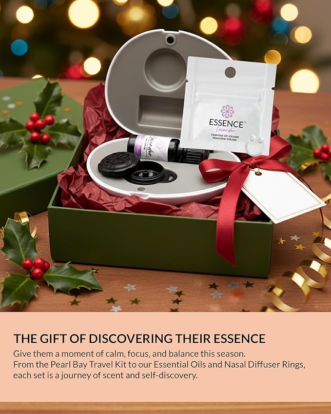 Essence Pearl Travel Case - Wearable Aromatherapy Kit with Nasal Diffuser Rings, Soaking Bay, and 5mL Essential Oil – Portable Wellness Gift Set for On?The?Go Self Care