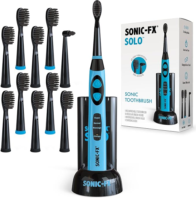 Sonic-FX Solo Electric Toothbrush w/ 10 Brush Heads + 1 Interdental, Charcoal Bristles, Rechargeable, Charging/Storage Base, 3 Brush Modes, Smart Timer, 2 Months Use on Full Charge, Blue Color