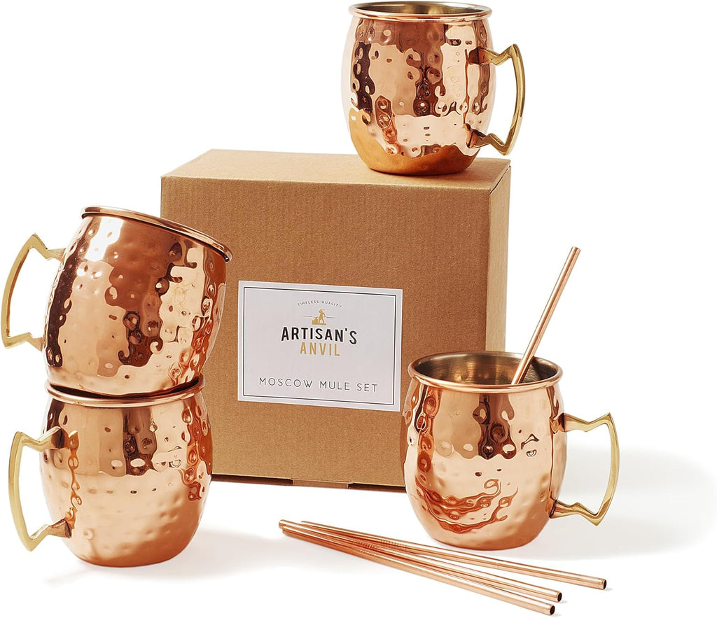 Artisan's Anvil Moscow Mule Mugs with Straws, Comfortable Brass Handle, Stainless Steel Made, Original Hammered Shape, Copper Plated, Set of 4