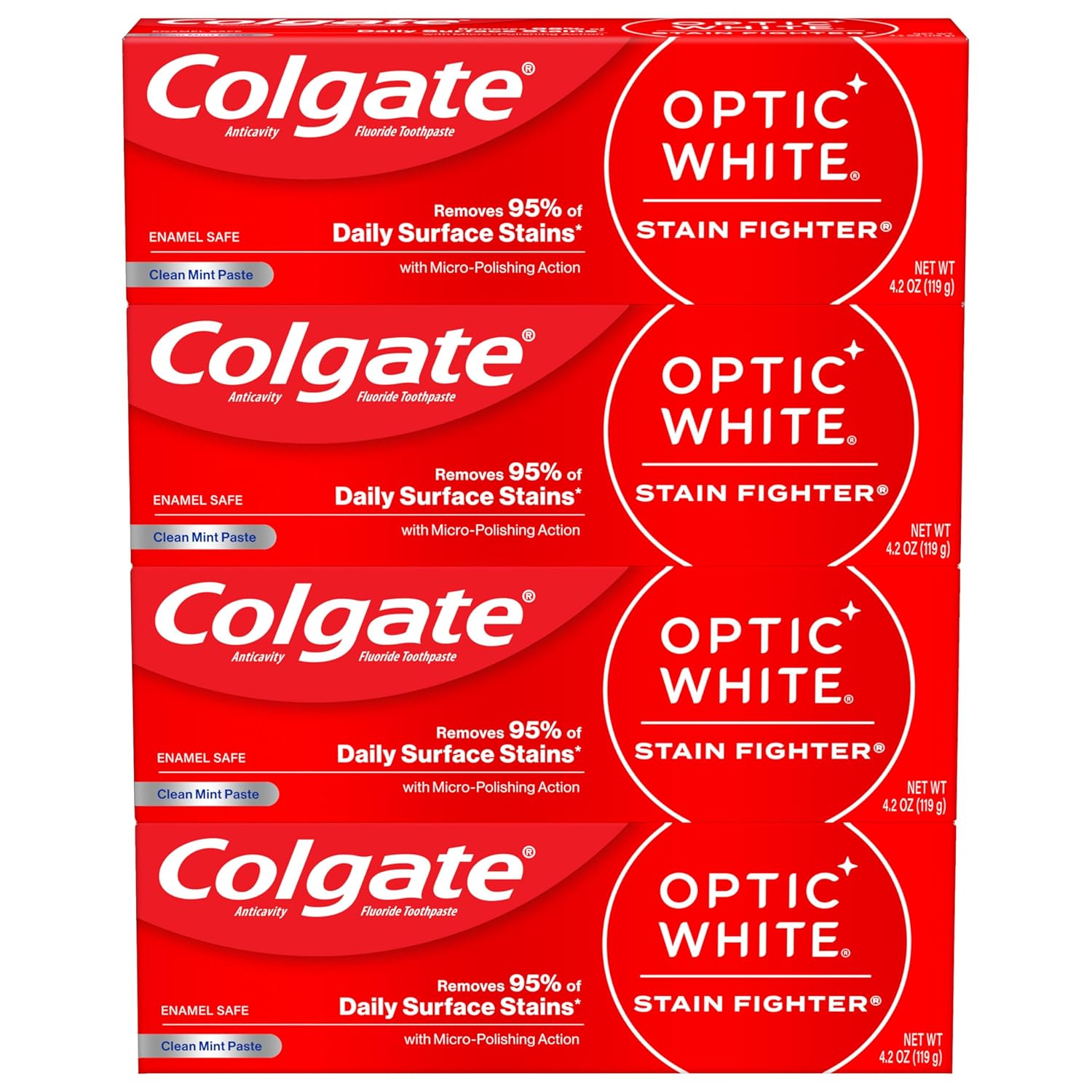 Colgate Optic White Stain Fighter Teeth Whitening Toothpaste, Anticavity Fluoride Toothpaste for Whitening Teeth, Helps Remove Daily Surface Stains, Clean Mint Paste, 4 Pack, 4.2 oz