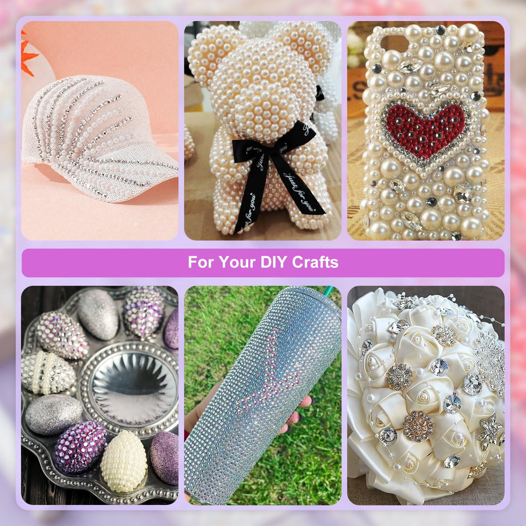 2 Boxes Flat Back Pearls Kit 14 Flatback White&Blue Mermaid Half Round Pearls 2-8mm with Pickup Pencil and Tweezer for Home DIY and Nail Art, Face Makeup and Craft