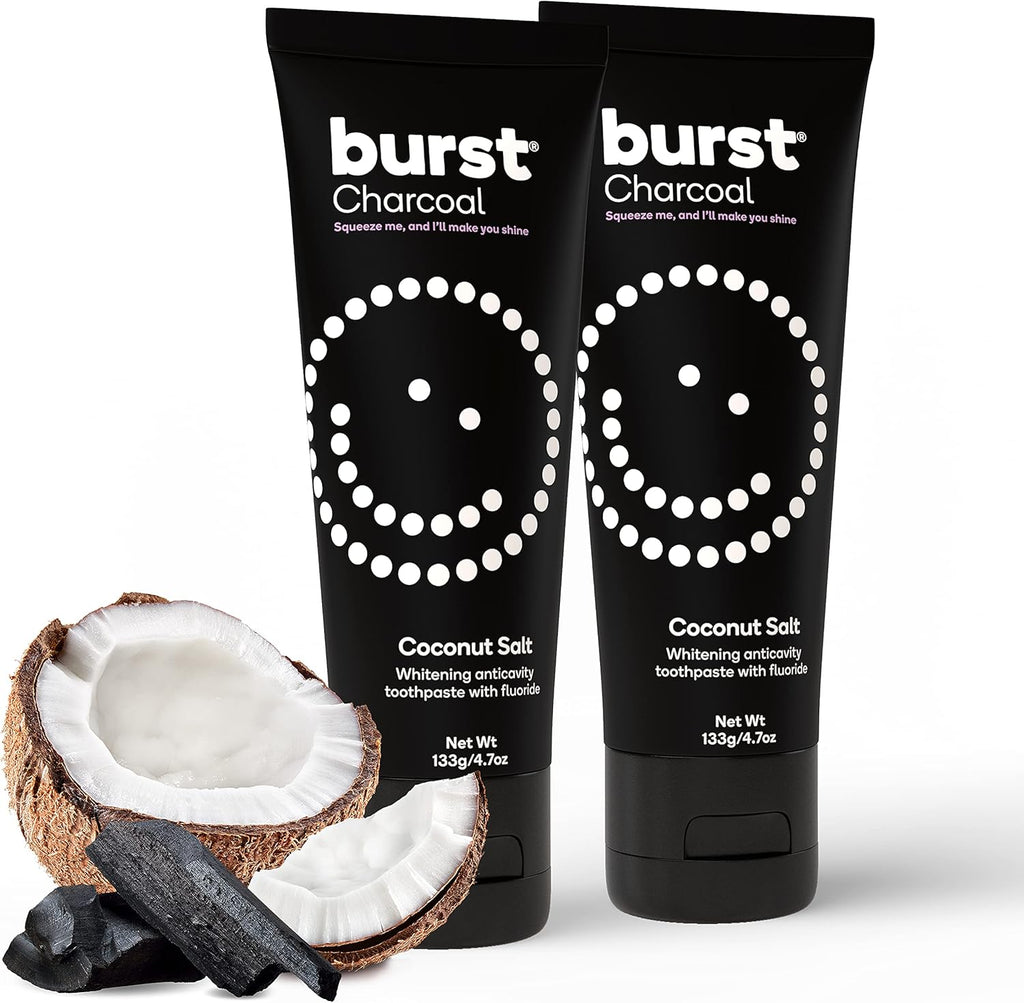 BURST Charcoal Whitening Toothpaste for Adults (4.7oz/2 Pack) | for Sensitive Teeth with Cavity Fighting Fluoride & Xylitol | Vegan | Gluten & SLS Free | Coconut Salt
