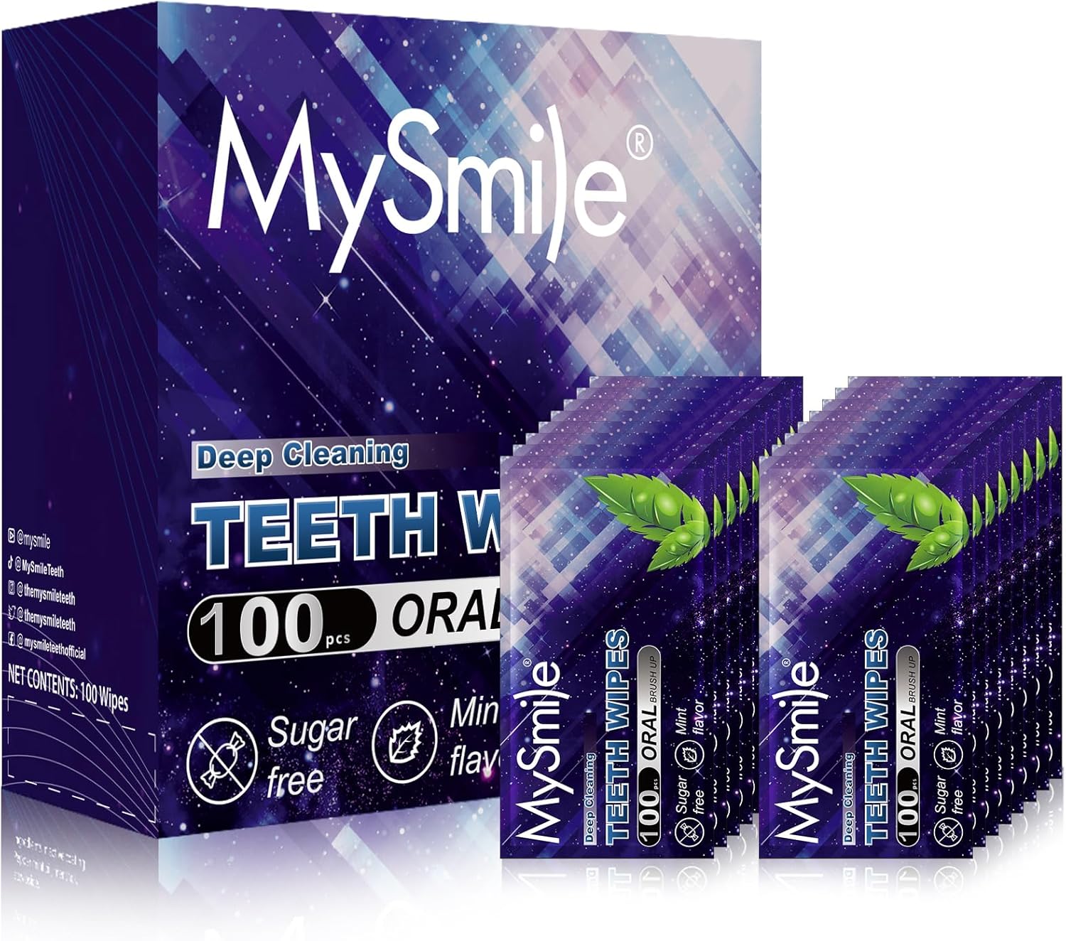 MySmile Teeth Wipes 100pcs Disposal Finger Brush Deep Cleaning Wipes Oral Brush Ups Tooth Wipes For Teeth Cleaning, Oral Freshes Mint Flavor
