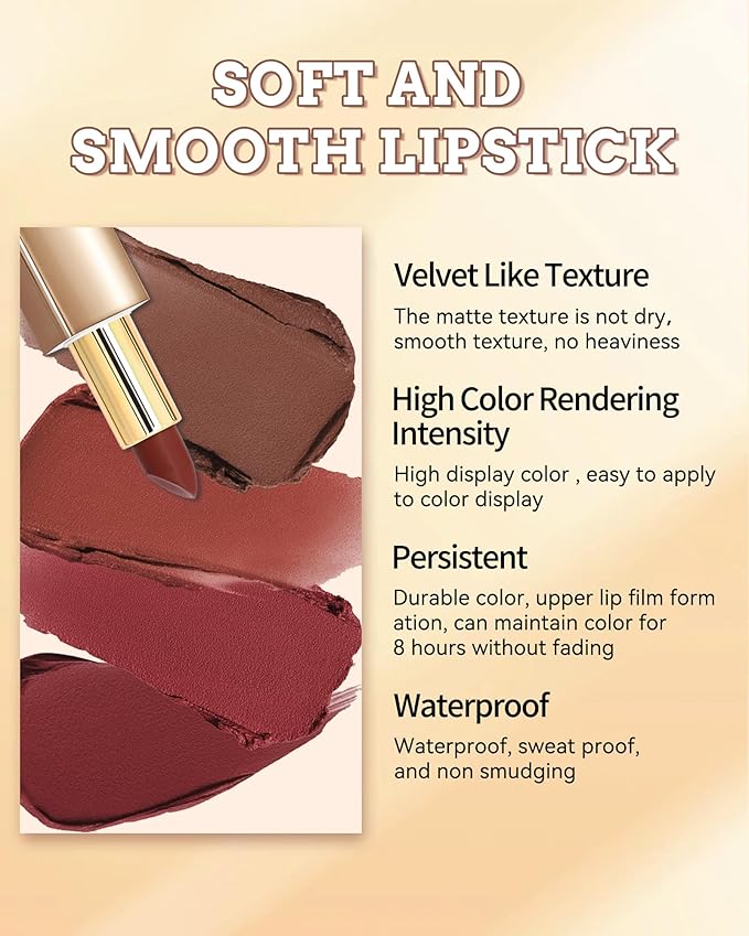 Velvet Matte Lipstick, Orange Brown High Pigmented Lip Tint Stain, Waterproof Long Lasting Cream Lip Gloss, Non-Stick Cup Smooth Tinted Lip Balm, Thanksgiving Lip Professional Makeup Gift for Women-02