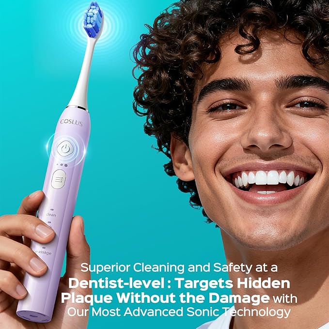 COSLUS Sonic Electric Toothbrush for Adults & Kids: 3 Intensities 5 Modes Gum-Friendly for Deep Cleaning & Whitening - 2 Types of Heads for Family, Sensitive Teeth, Braces, Travel & Home Use, Purple