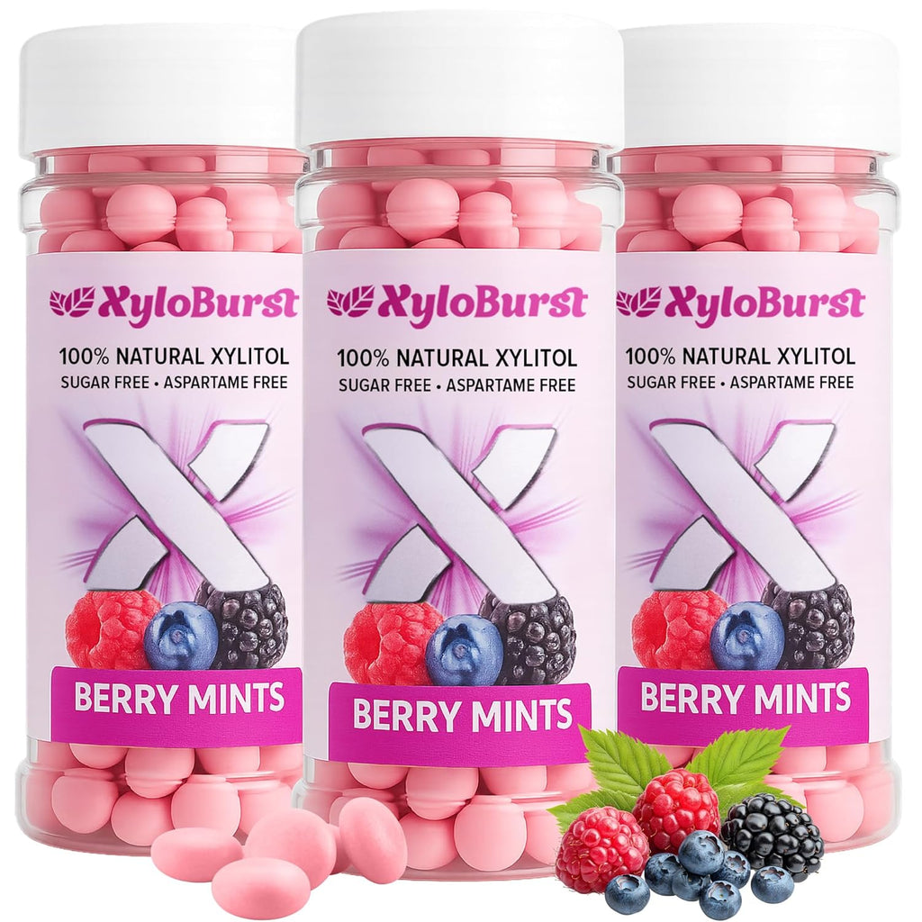 XyloBurst - Xylitol Mints | Sugar Free Breath Mints for Oral Health | Gluten Free, Vegan, Keto Friendly | Aspartame Free Mint | Berry | 200 Count Jar, 3-Pack
