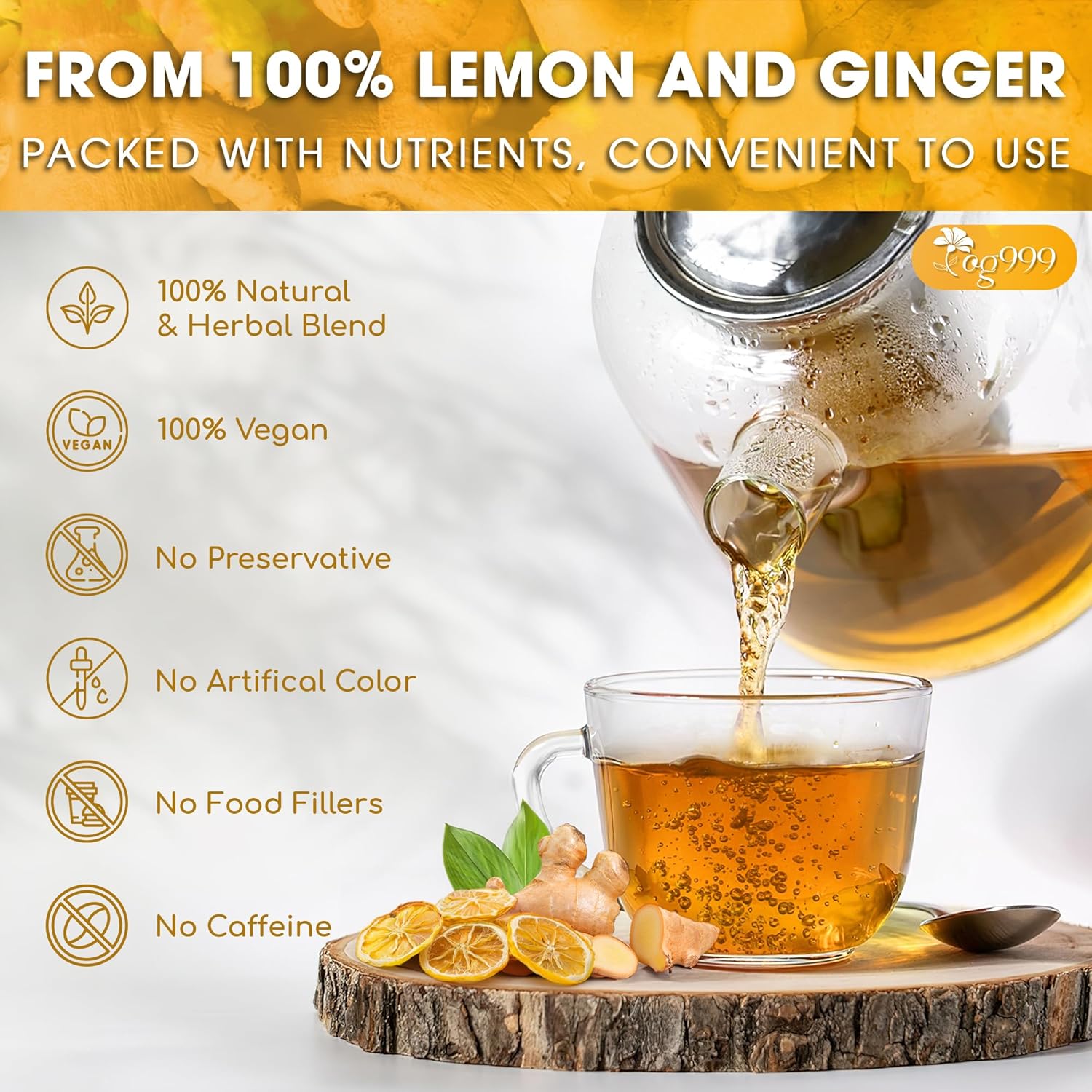 TOG999, Premium Lemon Ginger Tea Bags | 60 Tea Bags | Refreshing Herbal Blend with Bright Citrus & Warming Ginger | Naturally Caffeine-Free | 100% Plant-Based, Sustainably Sourced Herbal Tea