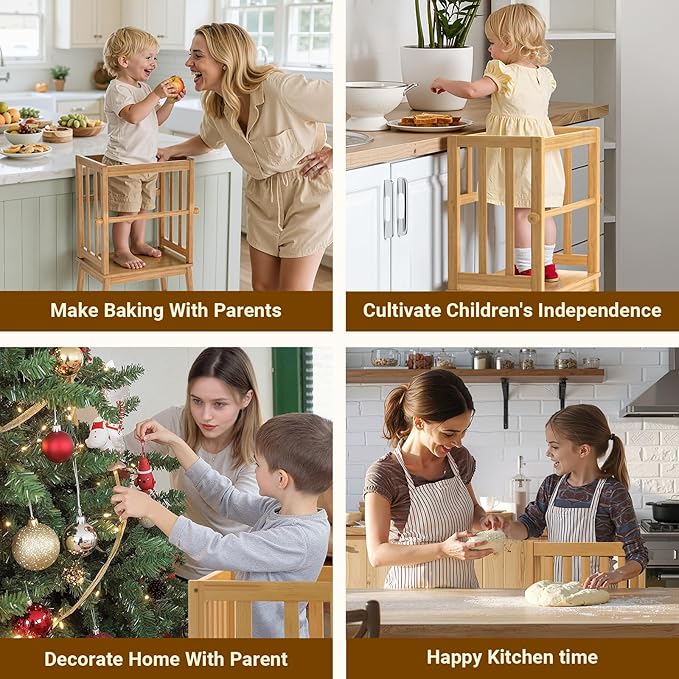 COSYLAND Kids Kitchen Step Stool，Toddler Standing Tower with CPC Certification, Removable Anti-Drop Railing Safety Rail Unique Patented Design Anti-tip Structure More Stable, 1.5-3 yrs Natural Bamboo