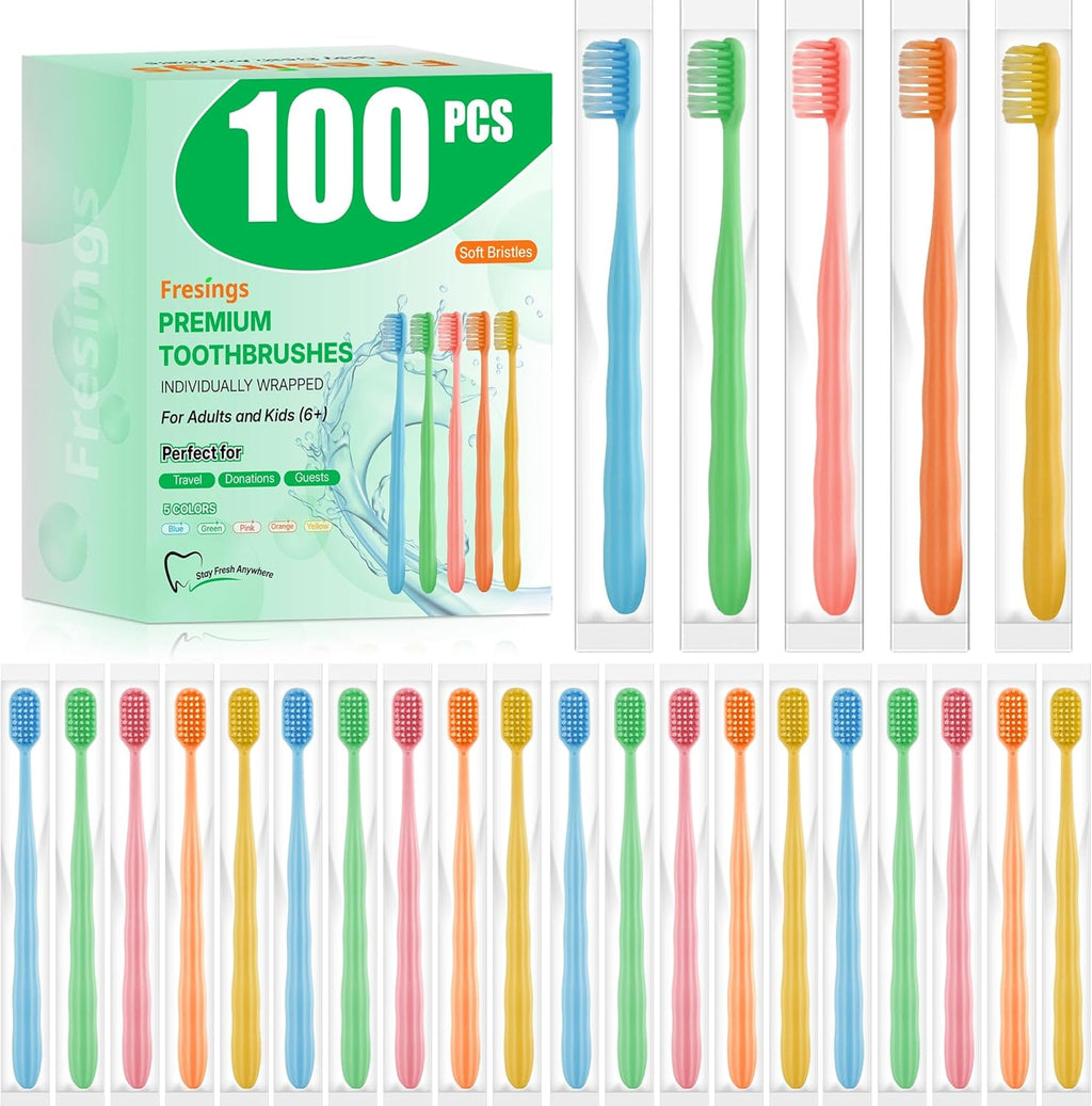 100 Pack Premium Disposable Toothbrushes Bulk – Individually Wrapped Soft Bristle Toothbrushes for Travel, Hotel Guest, Donation, Kids, Adults – Single Use, Family & Emergency Hygiene