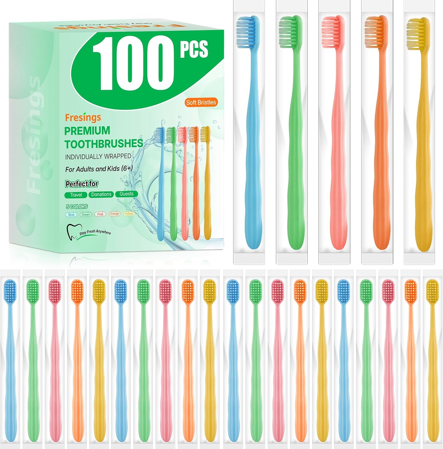 100 Pack Premium Disposable Toothbrushes Bulk – Individually Wrapped Soft Bristle Toothbrushes for Travel, Hotel Guest, Donation, Kids, Adults – Single Use, Family & Emergency Hygiene