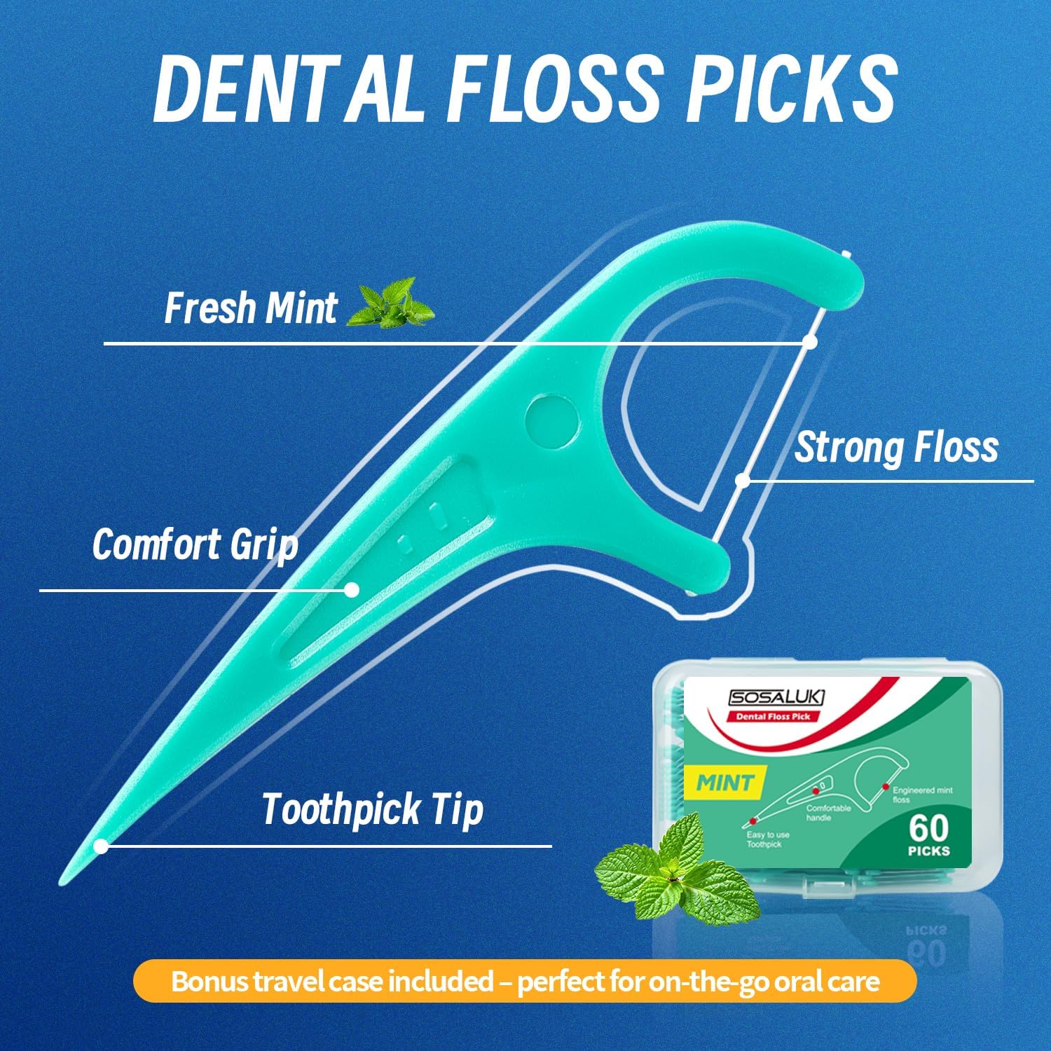 Floss Picks, 300 Count Mint Dental Floss Picks, Toothpicks with 5 Travel Cases for Extra Convenience, Helps Prevent Cavities, Remove Plaque & Freshen Breath, Premium Floss Sticks for Family