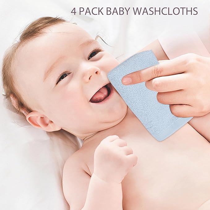 Baby Washcloths 4 Pack 100% Cotton Soft and Absorbent Terry Wash Cloths Wipes for Face Hand Body Burp Rag for Sensitive Skin Newborns Infants Toddlers 10" x 10"