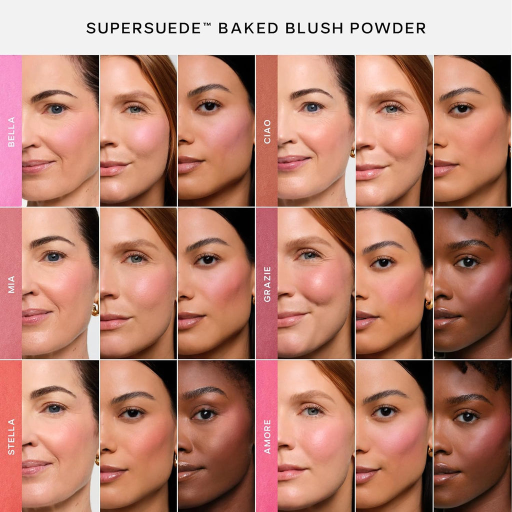 Saie SuperSuede Baked Blush - Talc-Free Powder Blush for Cheeks Infused with Hyaluronic Acid, Glycerin + Squalane - Hydrating Face Makeup for a Natural, Diffused Flush of Color - Grazie (0.1 Ounce)