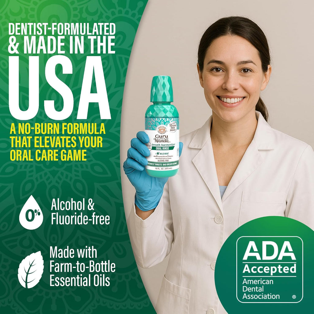 GuruNanda Fresh Breath Mouthwash, ADA-Accepted, Alcohol & Fluoride-Free, Sodium Chlorite, Essential Oils & Vitamins, 12-Hrs Fresh Breath, Wild Mint, 16 oz - 2 Pack
