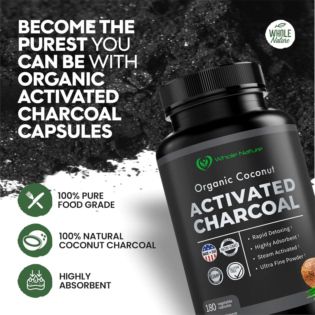 Pure Coconut Activated Charcoal Capsules - 180 Charcoal Pills, Helps with Teeth Whitening, Bloating and Body Cleansing. Non-GMO - Gluten Free, Vegan