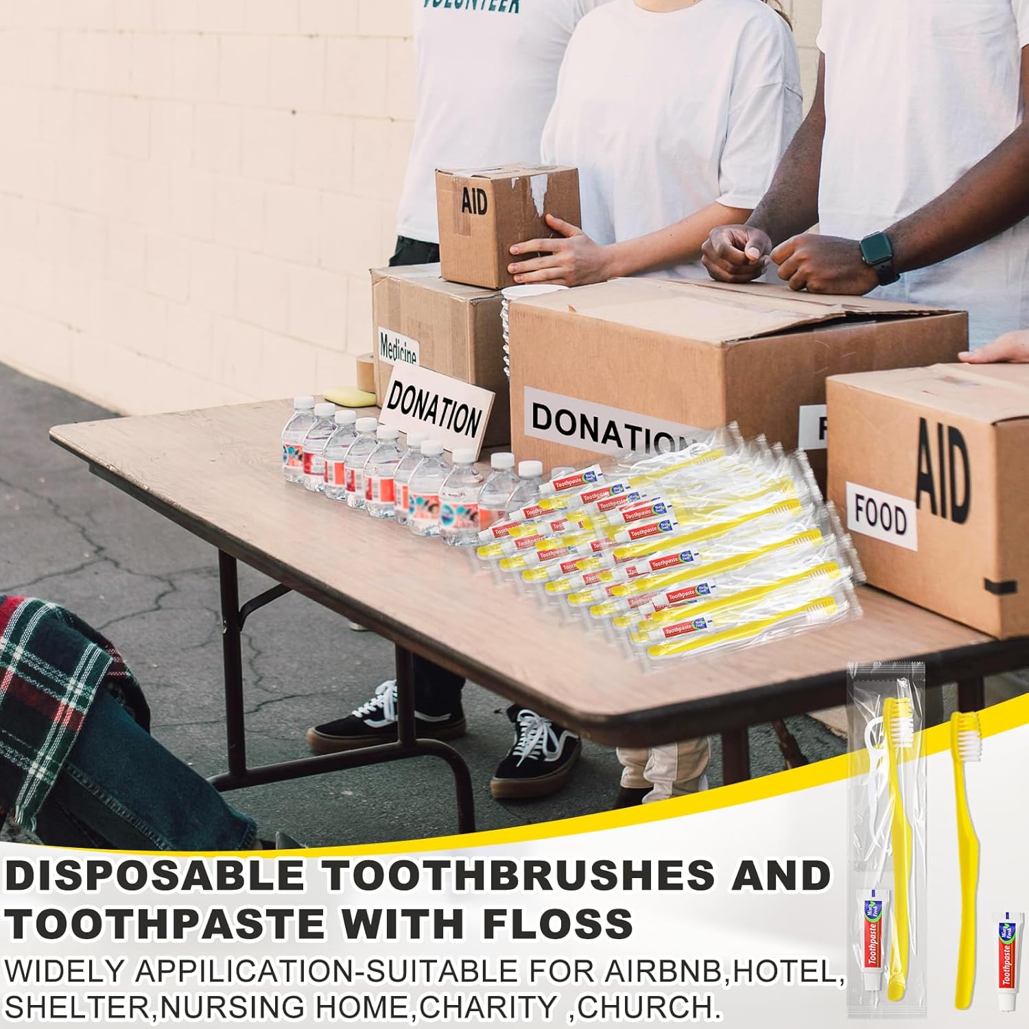 15pcs Disposable Toothbrushes with Toothpaste and Floss,Yellow Bulk Single Use Toothbrush Floss Pick Individually Wrapped Disposable Travel Toothbrushes Kit for Homeless,Airbnb,Hotel,Guest