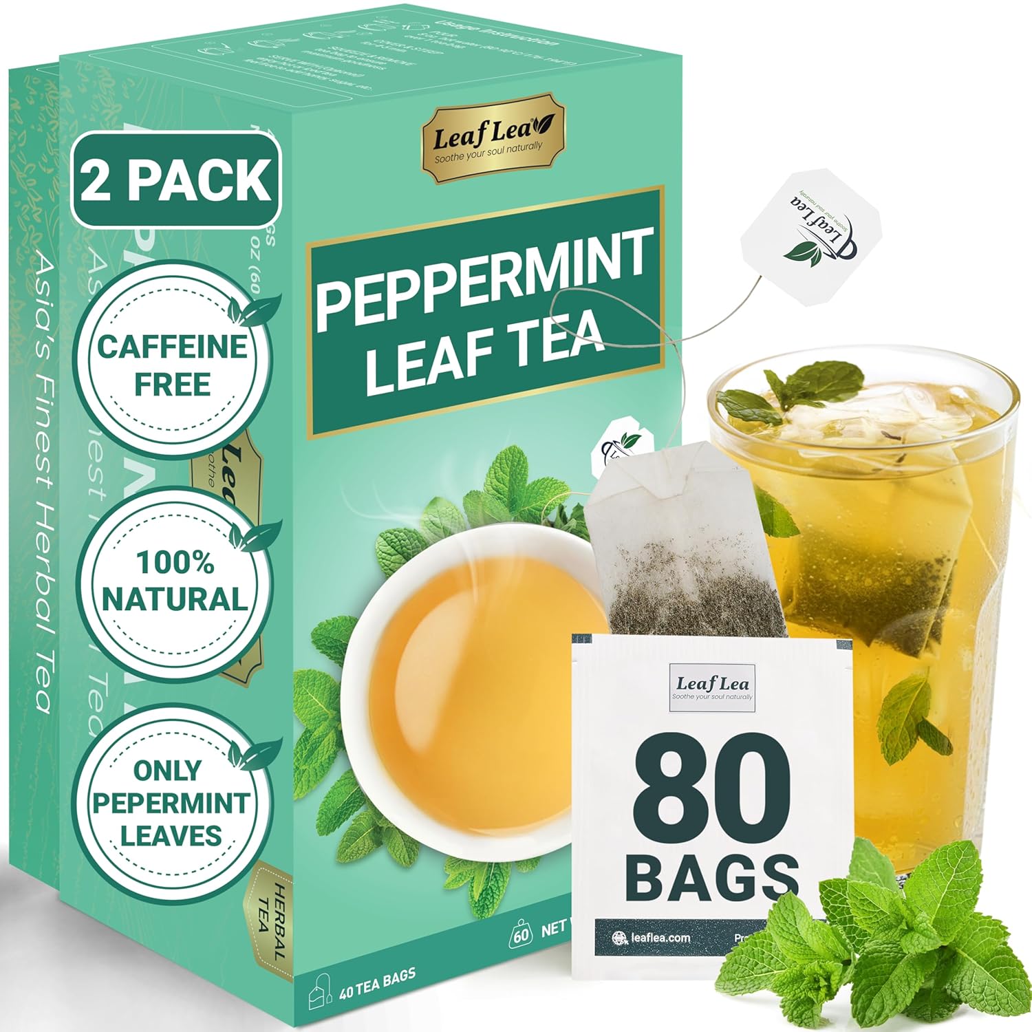 LeafLea 80 Premium Peppermint Tea Bags, 100% Natural Peppermint Leaf Tea, Te de Menta for Soothing Throat & Refreshing Breath, Light and Smooth Flavor, Caffeine-Free, Sugar-Free, Individually Wrapped