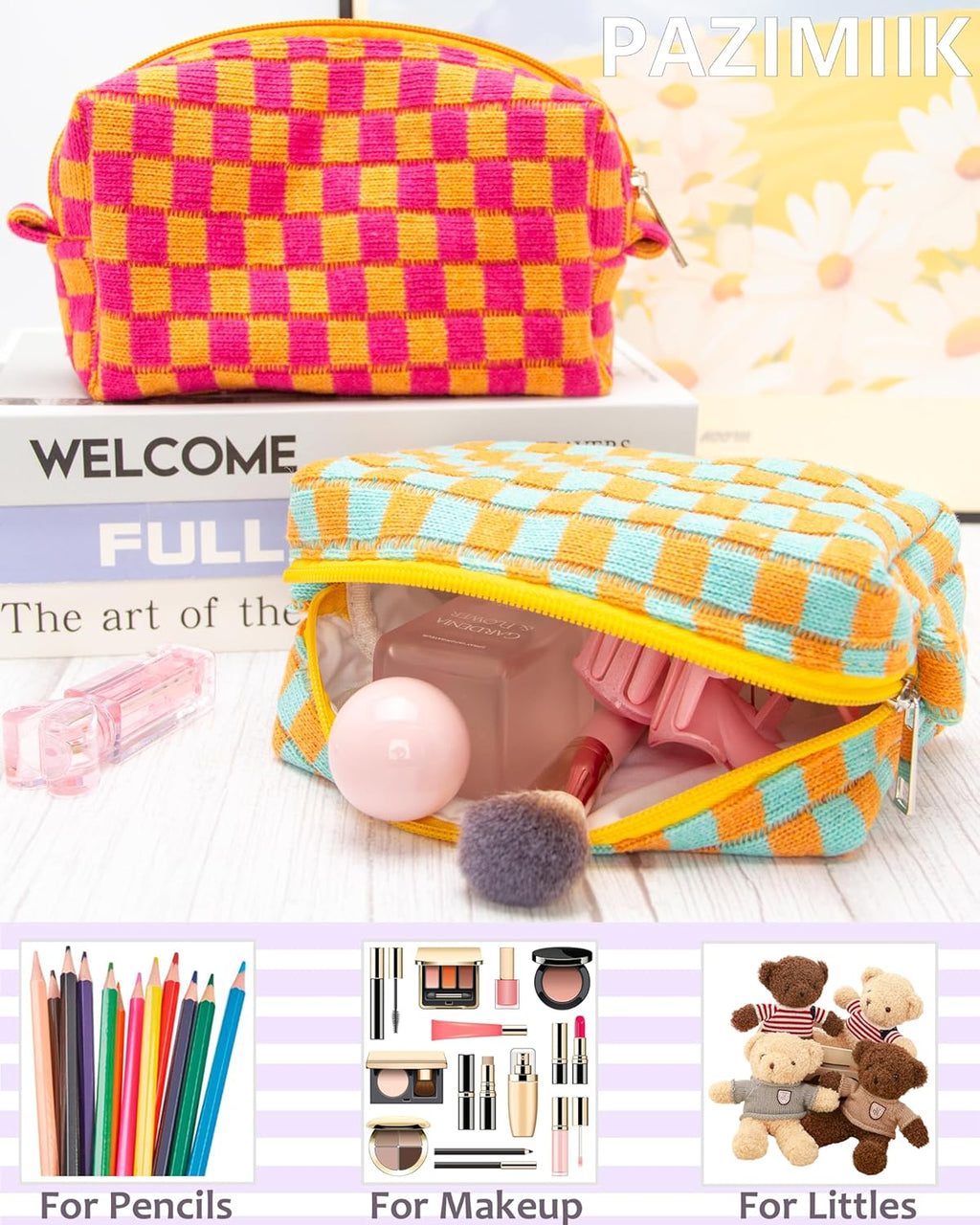 PAZIMIIK 6PCS Checkered Makeup Bag for Purse Portable Zipper Make Up Pouch Small Cosmetic Case for Travel Accessories Orange Green