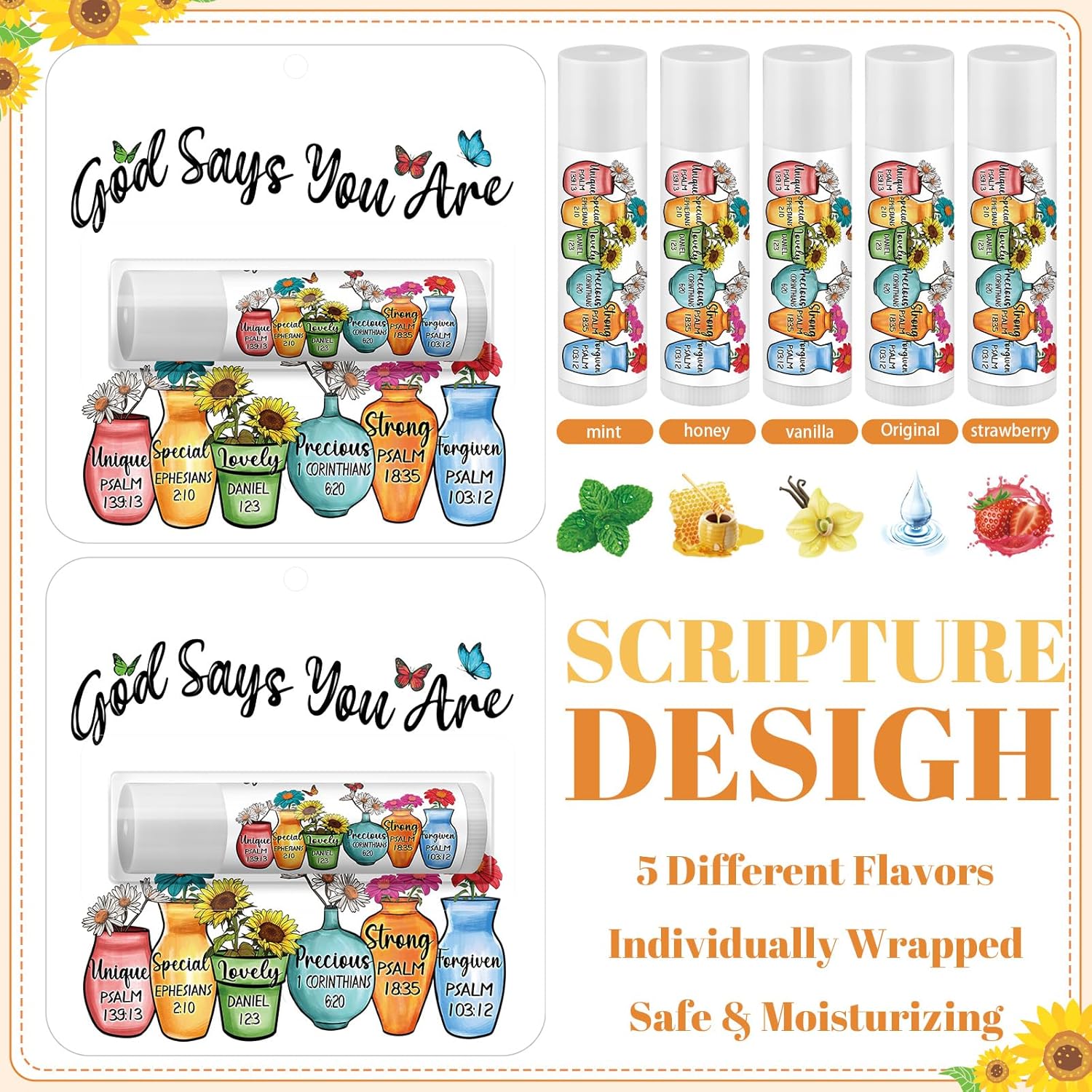 25 Pack Christmas Sunflower Gifts Religious Bible Verse Lip Balms Bulk 5 Flavor for Women Men Christian Religious Church Party Favors with Scripture Inspirational Gifts for Coworkers Staff