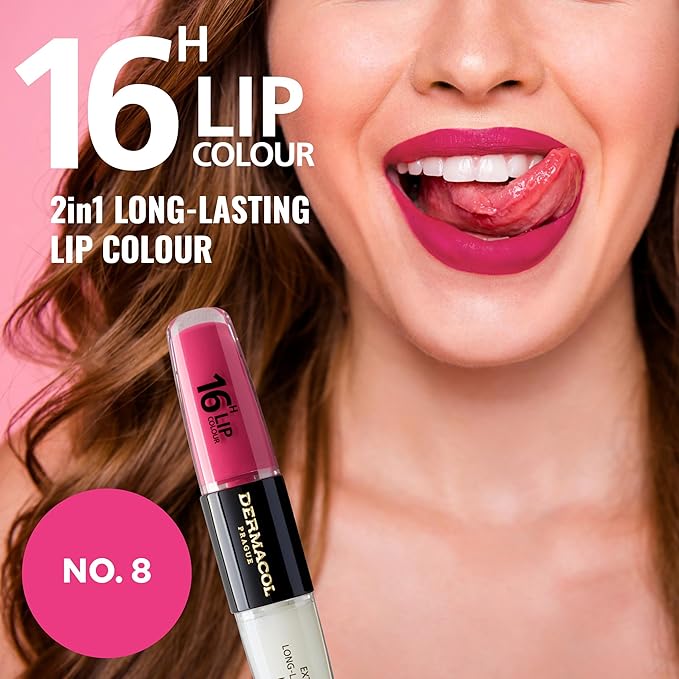 Dermacol NEW 16-Hour Lip Colour, Highly Pigmented Glossy Lip Stain, Two-Phase Lip Plumper Gloss, Kissproof Lip Makeup Products with Matte and Glitter Finish, n.8