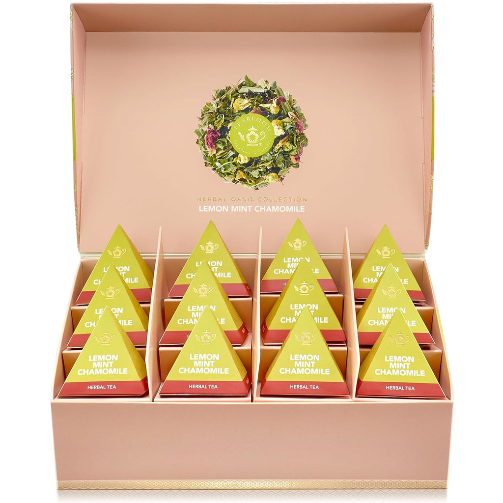 Teabloom Lemon Mint Chamomile Pyramid Tea Presentation Box, 12 Herbal Tea Blends, Whole-Leaf Pyramid Tea Sachets