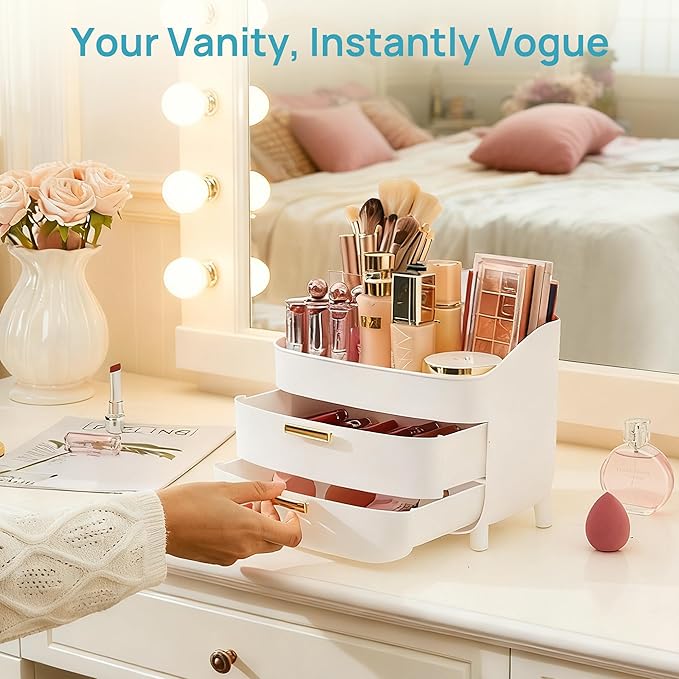 Vtopmart 3-Tier Skincare Makeup Organizer with Drawers for Vanity and Bathroom Countertop, Large Cosmetic Storage Box Case for Dresser, with Non-Slip Base