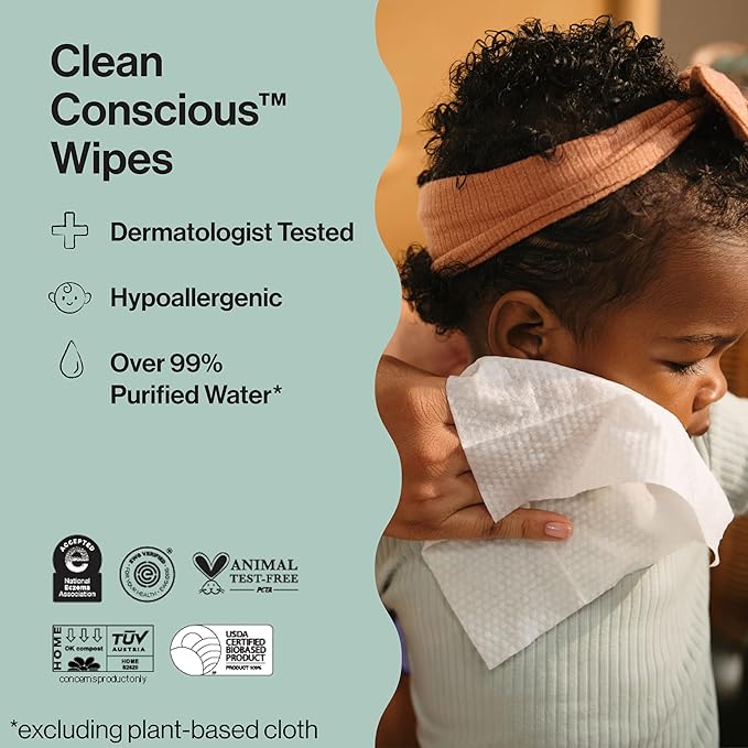 The Honest Company Clean Conscious Multi-Use Wipes Unscented Hypoallergenic Baby for Sensitive Skin 99% Water Plant-Based Compostable Geo Mood 576 Count