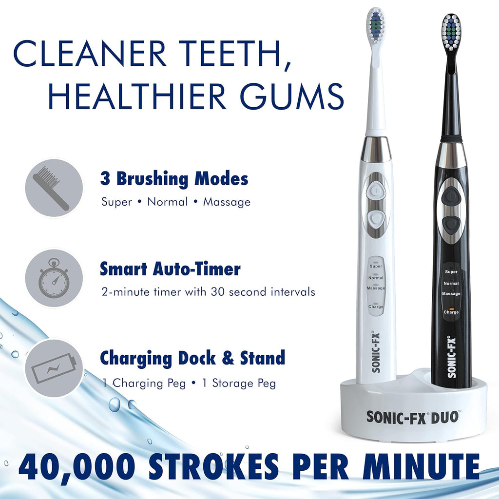 Sonic-FX Duo Rechargeable Electric Toothbrush Set - with 14 Brush Heads, 3 Modes, Smart Auto-Timer, Charging Dock Holder - Dual Handle Electric Tooth Brush for Adults & Kids, Black and White