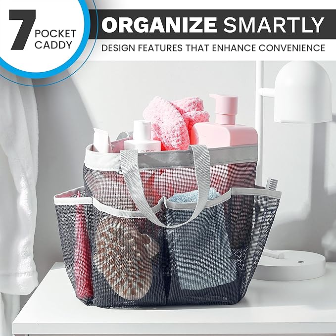 Handy Laundry Mesh Shower Caddy - 7 Pocket Portable Bathroom Organizer Tote for Travel, Gym & Dorm - Collapsible Small Shower Caddy Bag to Hold Toiletries & Essentials (Black)