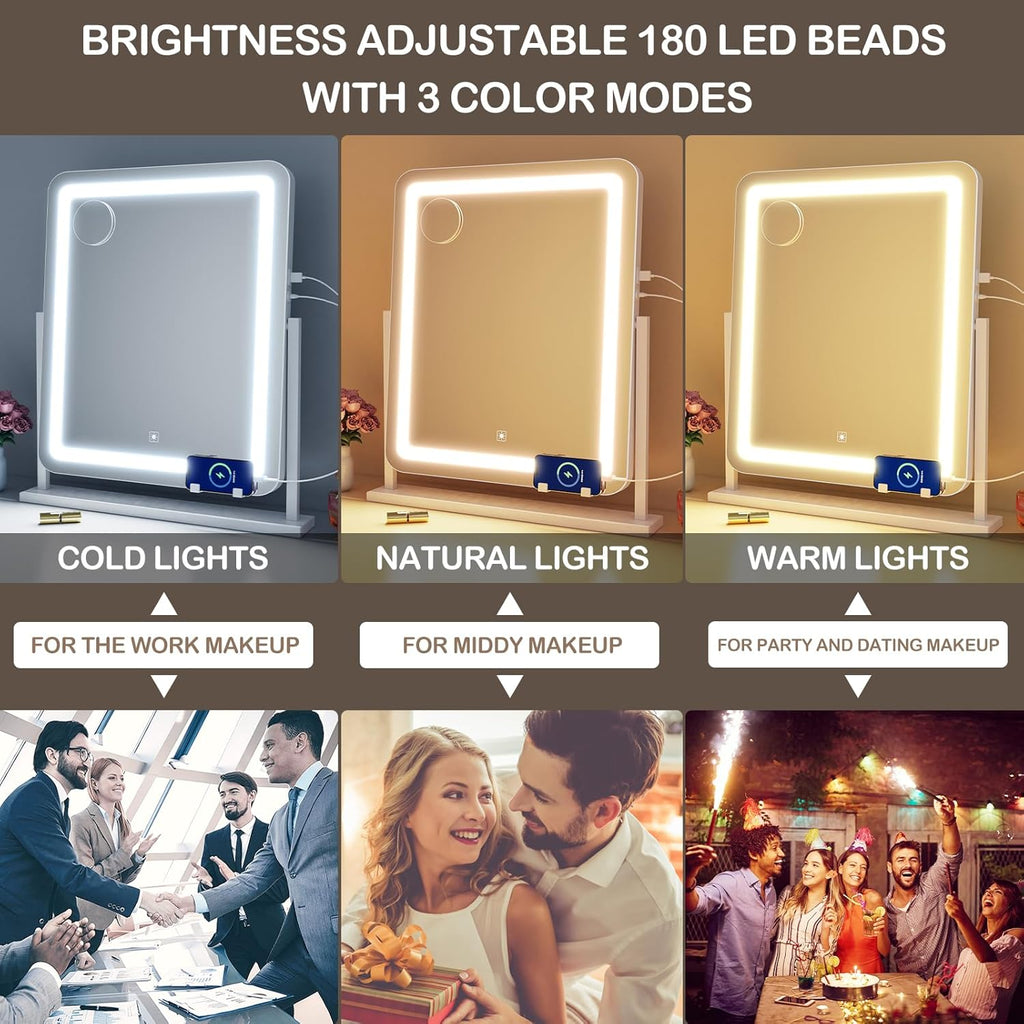 Makeup Vanity Mirror with Lights 15.2" Large LED Lighted Mirror, Hollywood Make Up Mirror with Lighting for Bedroom Tabletop, Smart Touch, 360° Rotation, (White)