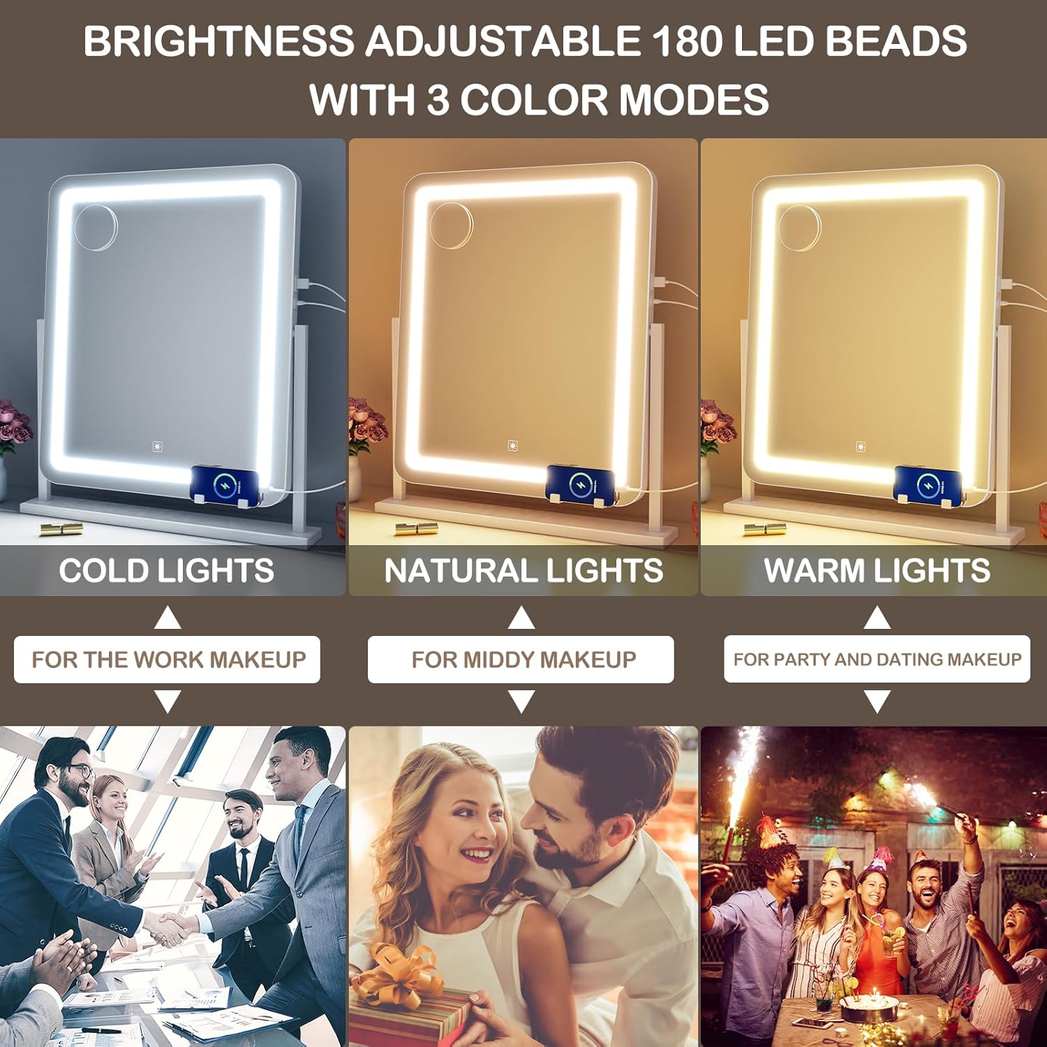 Makeup Vanity Mirror with Lights 15.2" Large LED Lighted Mirror, Hollywood Make Up Mirror with Lighting for Bedroom Tabletop, Smart Touch, 360° Rotation, (White)