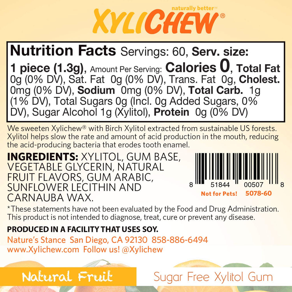 Xylichew 100% Xylitol Chewing Gum - Non GMO, Non Aspartame, Gluten Free, and Sugar Free Gum - Natural Oral Care, Relieves Bad Breath and Dry Mouth - Fruit,60 Count (Pack of 4), 240 Count